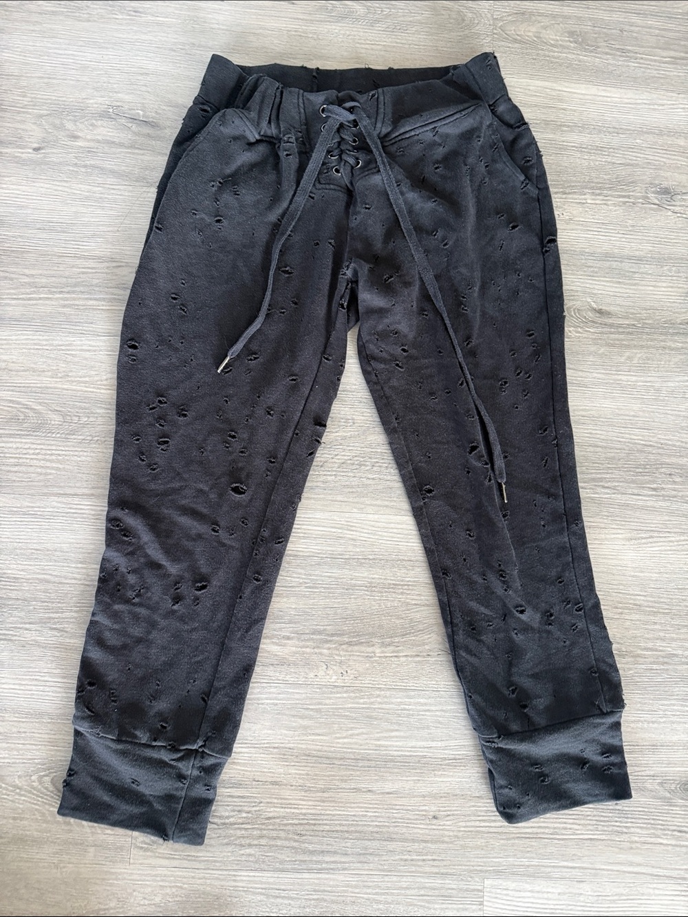 Active USA Black Distressed Lace-Up Joggers size large